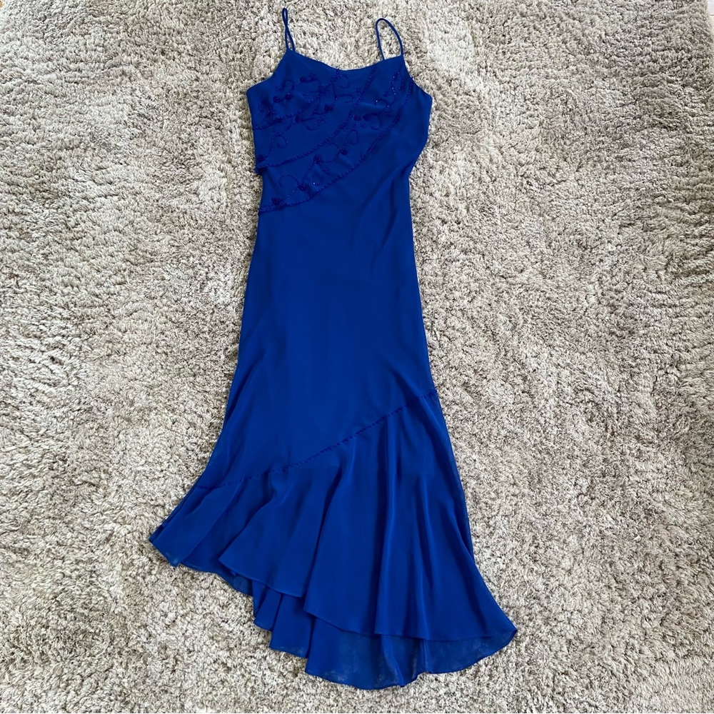 Cobalt blue asymmetrical beaded dress with spaghetti straps